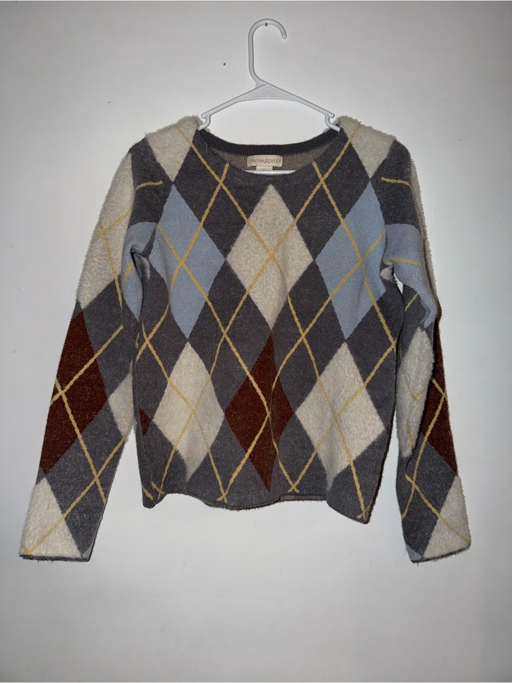 Cynthia Rowley Argyle Crewneck Sweater in Gray, Cream & Brown